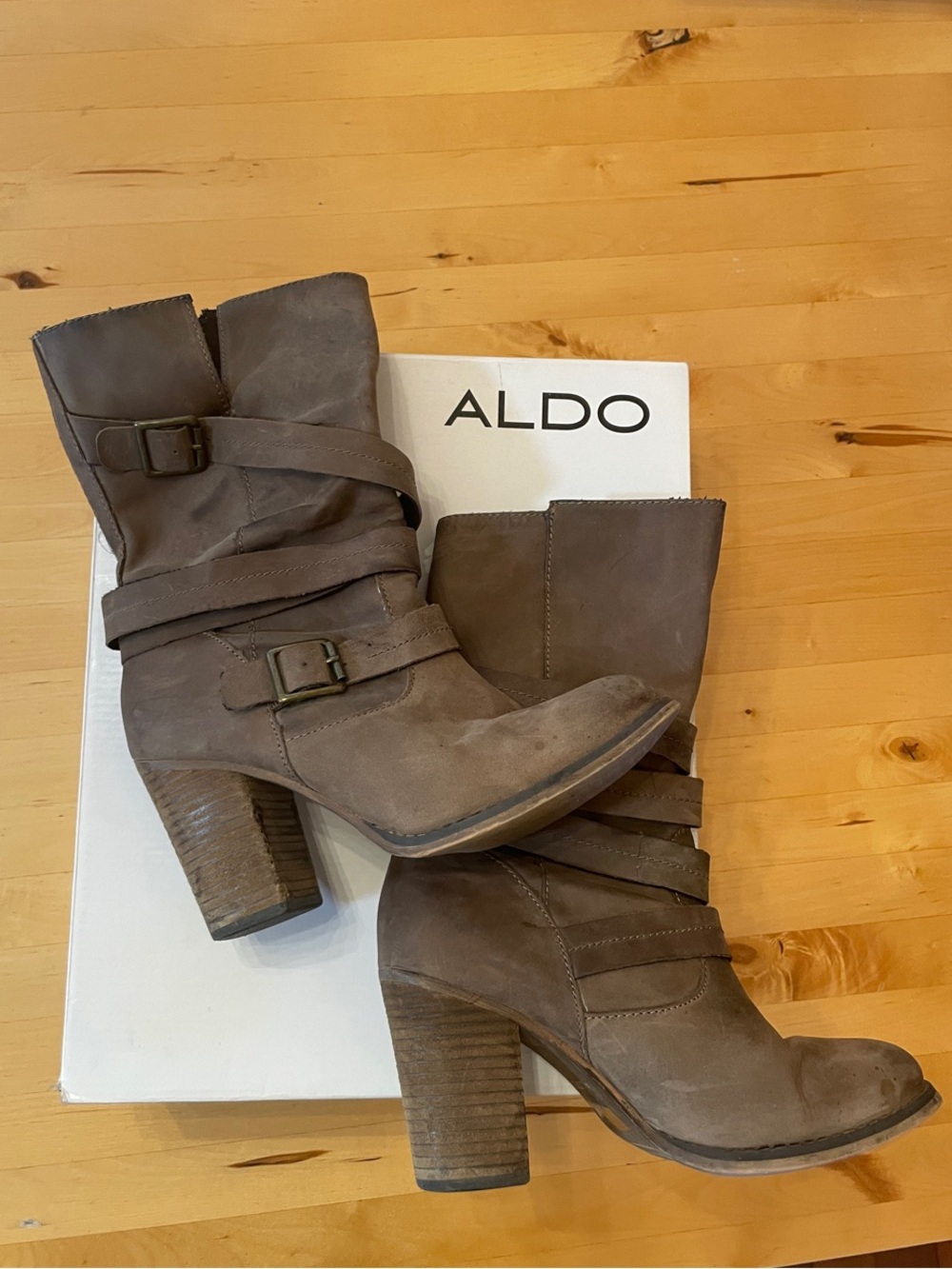 ALDO Padden Taupe/Brown Mid Calf Leather Boots with Block Heel